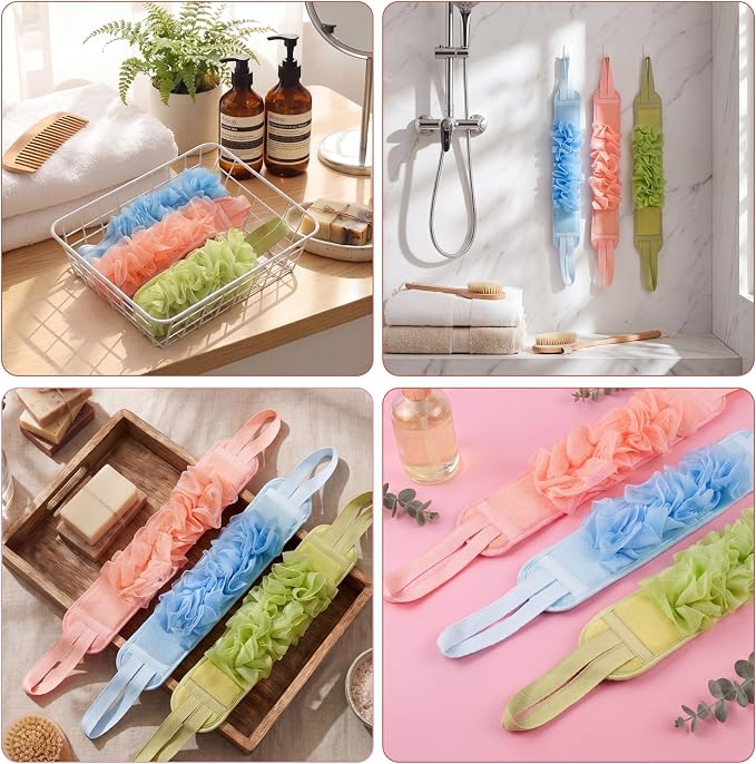 3 Pcs Exfoliating Back Scrubber for Shower Double Sided Exfoliating Washcloth with Strap Long Body Scrub Sponge Shower Loofah with Handle for Women Men Body Washing (Pastel Color)
