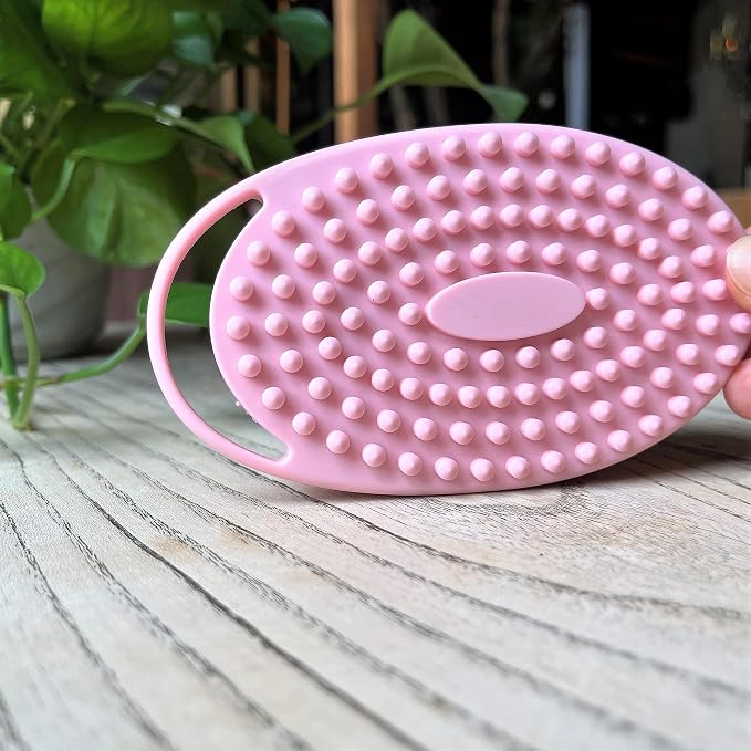 Premium Sensory Brush for Kids or Autism,Soft Silicone Body Scrubber,2 in 1 Sensory Room Occupational Therapy Brushes,Silicone Loofah,Pet Shower Brush Bath Brush Shampoo Brush(hangable-Oval-Pink)