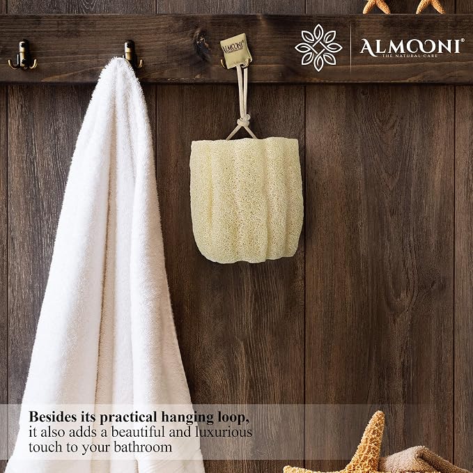 ALMOONI Natural Loofah Body Scrubber, Egyptian Loofah Sponge, 3 Count | Natural Egyptian Loofah Sponge, Round Shape Shower Sponge for Face & Body, Men & Women, Gentle Exfoliation, Large Size