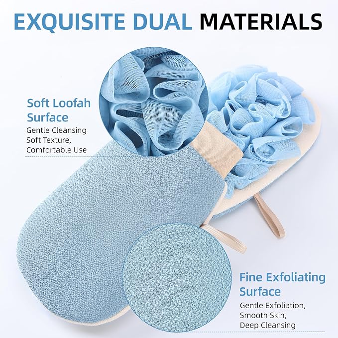 2-in-1 Exfoliating Glove for Self Tan Removal & Daily Shower | Dual-Sided Korean Body Scrubber Mitt with Loofah Sponge, Dead Skin Remover for KP, Ingrown Hair & Smooth Skin