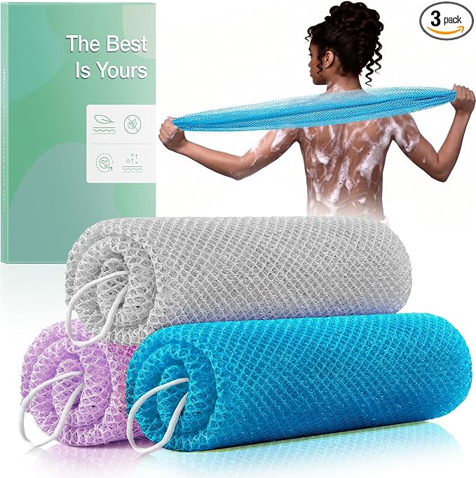 African Net Sponge Authentic, 3 Pack Exfoliating African Net Sponge, Deep Clean Bath Scrubber, Reusable Shower Sponge for Travel Portable Bath Accessories(Light Purple,Gray,Sky Blue)