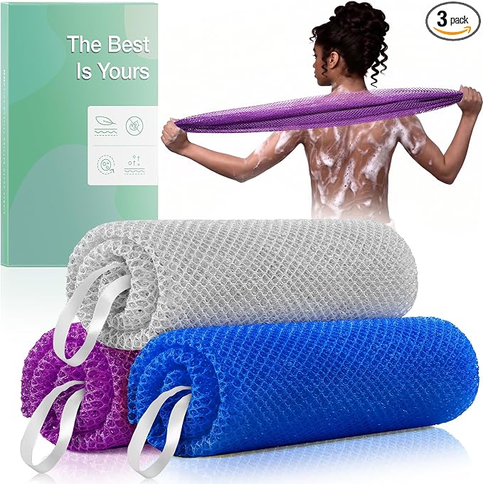 African Net Sponge Authentic, 3 Pieces Loofah Alternative Exfoliating Sponge, Deep Cleansing Body Scrubber, Shower Loofah Sponge for Body & Face,Travel Portable Bath Sponge(Blue,Purple,Grey)