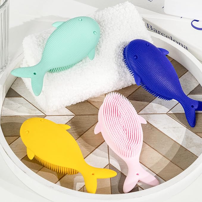Premium Sensory Brushes for Kids or Autism,Soft Silicone Body Scrubber,2 in 1 Sensory Room Occupational Therapy,Silicone Loofah,Pets Shower Brush Bath Brush Shampoo Brush (4pcs(Whale))