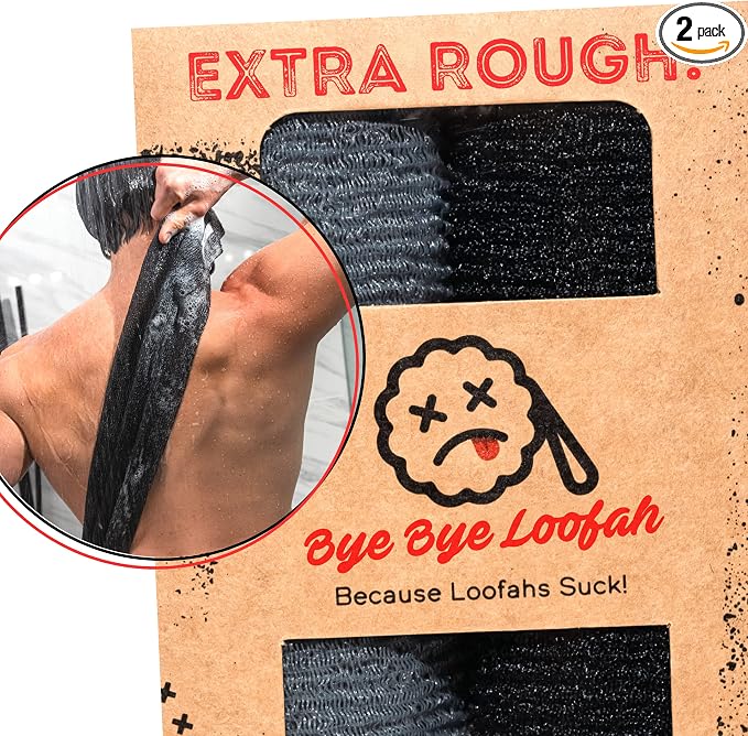 Extra Rough Exfoliating Washcloth, Extreme Body & Back Scrubber for Shower | Extra Long, Hygienic Exfoliator Wash Cloth, Men or Women, 2 Count Pack, 1 Black & 1 Grey Color, Bye Bye Loofah