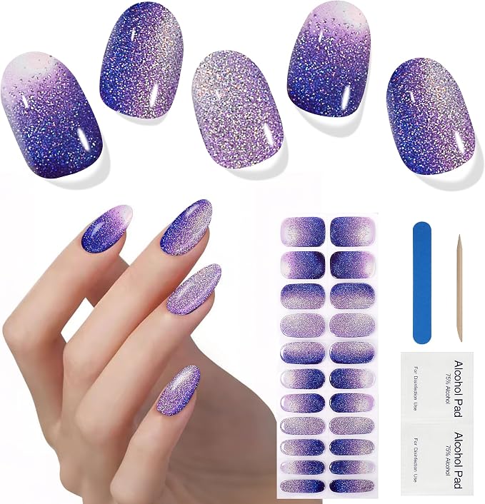 Semi Cured Gel Nail Strips, 22pcs UV Nails Polish Art Sticker, Nail Wraps with UV Light Required for Home Manicure DIY, Long Lasting, Easy Application & Removal, Salon Quality (Shine Purple 131)