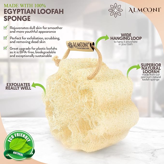 ALMOONI Mini Natural Loofah Sponge, Egyptian Shower Sponge, 3 Count | Real Natural Loofah Sponge, Shower Sponge for Body, Small Body Scrubber, Easy Grip, 3 Count