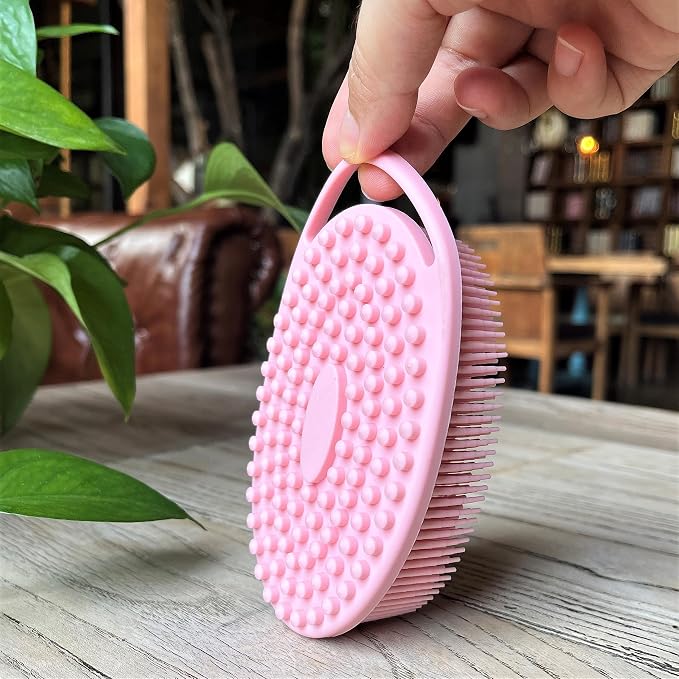 Premium Sensory Brush for Kids or Autism,Soft Silicone Body Scrubber,2 in 1 Sensory Room Occupational Therapy Brushes,Silicone Loofah,Pet Shower Brush Bath Brush Shampoo Brush(hangable-Oval-Pink)