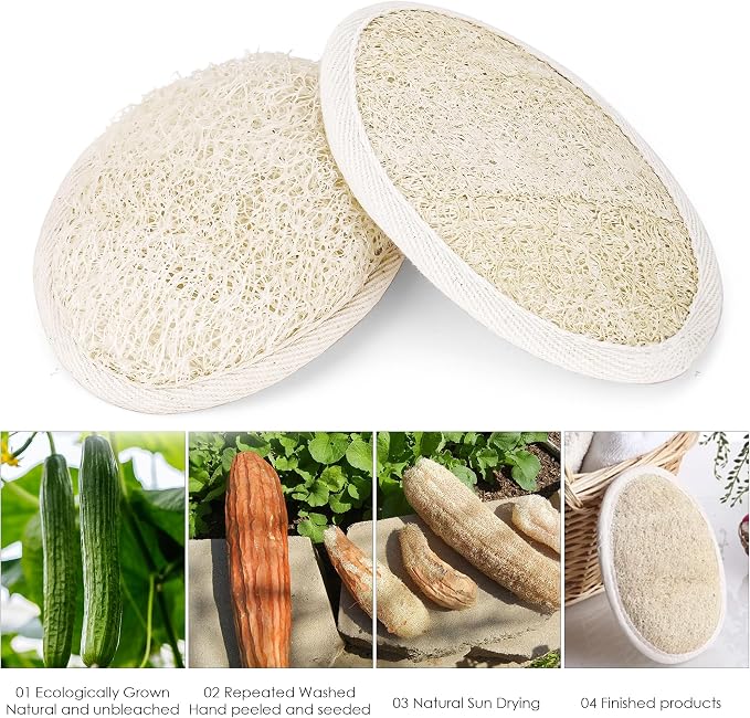 Natural Loofah Sponge 3 Pack for Shower, Organic Luffa Exfoliating Body Scrubber, Eco Friendly Biodegradable Bath Sponge, Plant Based Body Exfoliator for Men Women, Shower Loofah with Hanging Rope