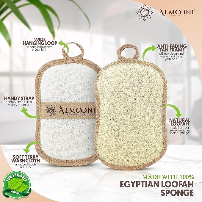 Almooni Natural Loofah Body Scrubber, Exfoliating Loofah Sponge, 2 Pack | Natural Egyptian Loofah Sponge, Loofah Pad Body Scrubber, Bow Tie Shape, Face & Body, Men & Women, Hanging Loop