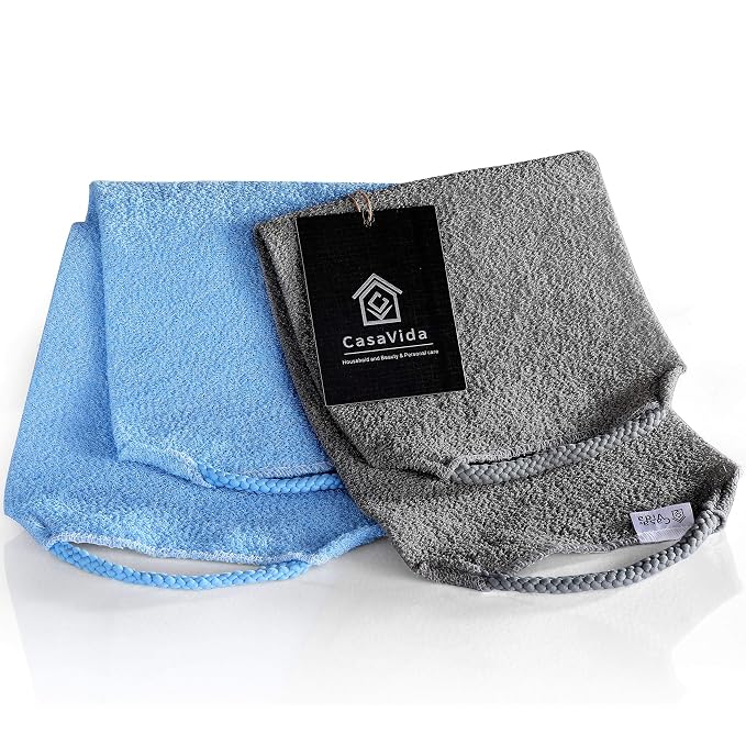 Back Scrubber Towel for Shower, Gray + Blue, 2 Pack | Nylon Bath Towel Washer, Exfoliating Washcloth, Japanese Stretchable Strap, Body Exfoliation