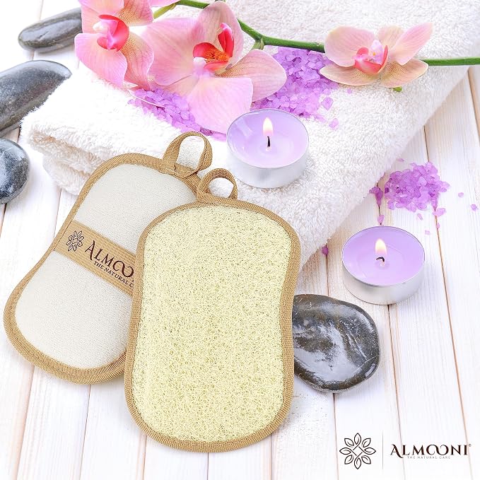 Almooni Natural Loofah Body Scrubber, Exfoliating Loofah Sponge, 2 Pack | Natural Egyptian Loofah Sponge, Loofah Pad Body Scrubber, Bow Tie Shape, Face & Body, Men & Women, Hanging Loop