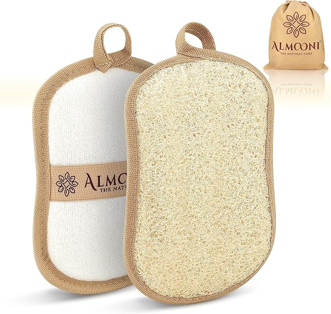 Almooni Natural Loofah Body Scrubber, Exfoliating Loofah Sponge, 2 Pack | Natural Egyptian Loofah Sponge, Loofah Pad Body Scrubber, Bow Tie Shape, Face & Body, Men & Women, Hanging Loop